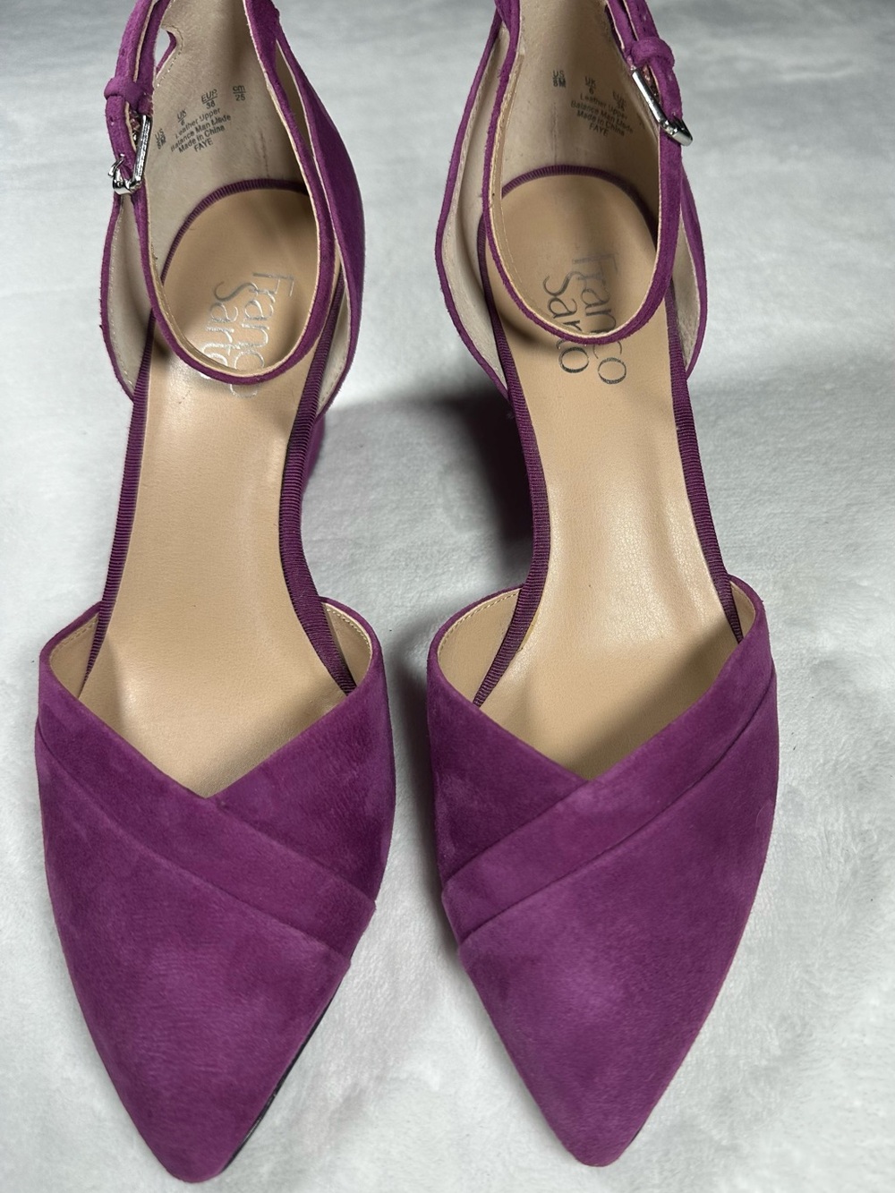 Franco Sarto Purple Suede Wedge Heel Pointed Toe Strappy Ankle Size 8 - Picture 3 of 7